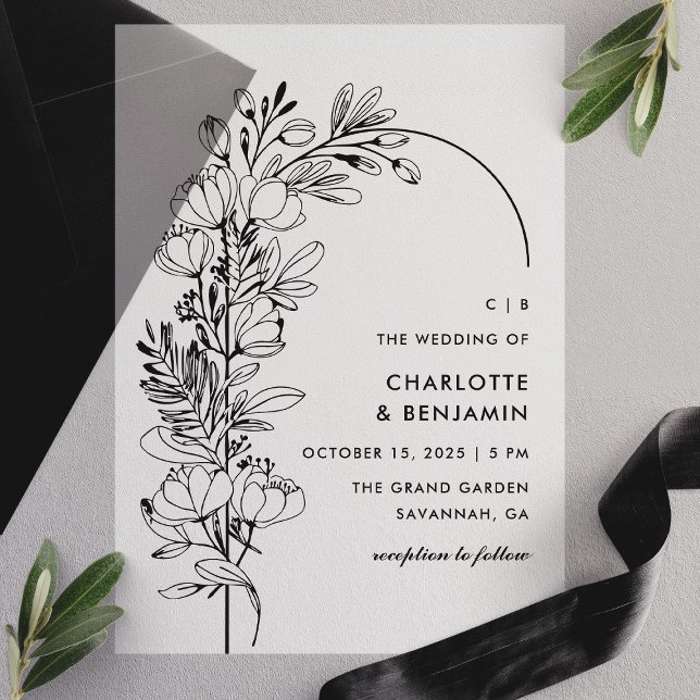 Black Botanical Minimalist Arch Wedding Vellum Invitations (Creator Uploaded)