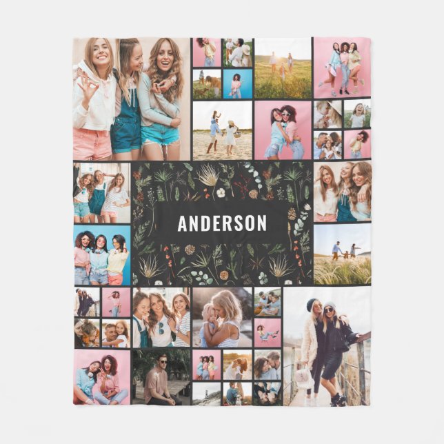 Black botanical modern minimal pampas 34 photo fleece blanket (Front)