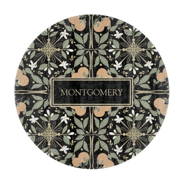 Black Botanical Orange Blossoms Pattern Cutting Board (Front)