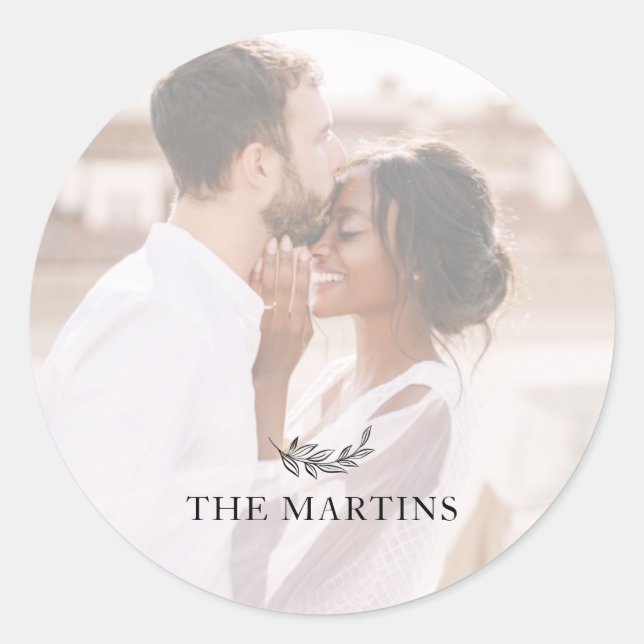 Black Botanical Personalized Wedding Photo  Classic Round Sticker (Front)