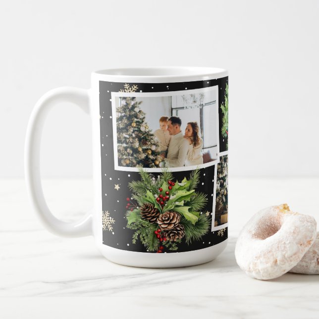Black Botanical Photo Collage Christmas Coffee Mug (With Donut)