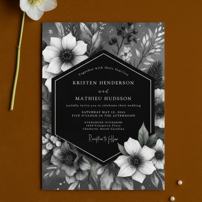 Black Botanical Romance Wedding Invitation (Creator Uploaded)