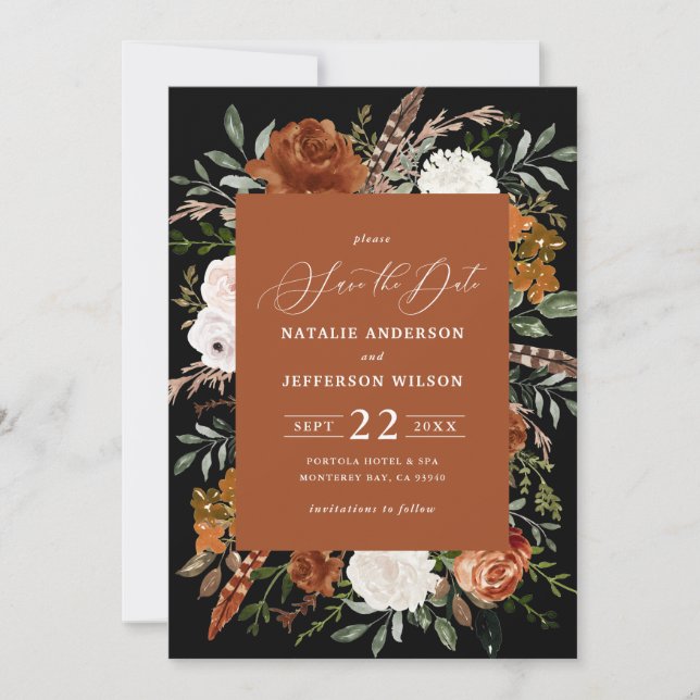 Black botanical rustic elegant modern wedding save the date (Front)