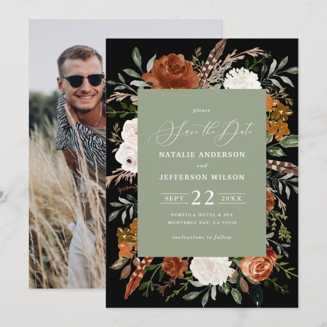 Black botanical rustic photo save the date (Front/Back)