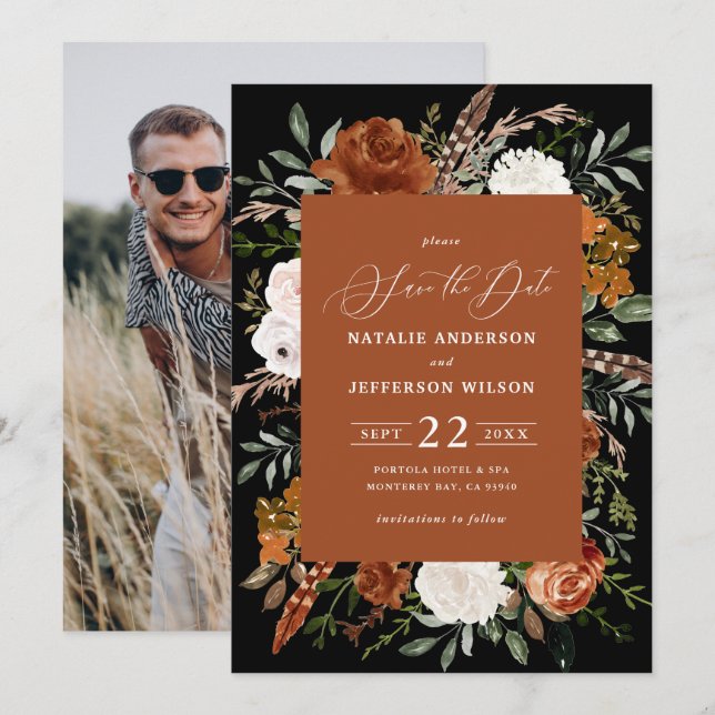Black botanical rustic photo  save the date (Front/Back)