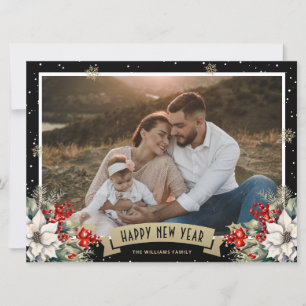 Black Botanical Snowflake Photo Happy New Year Holiday Card
