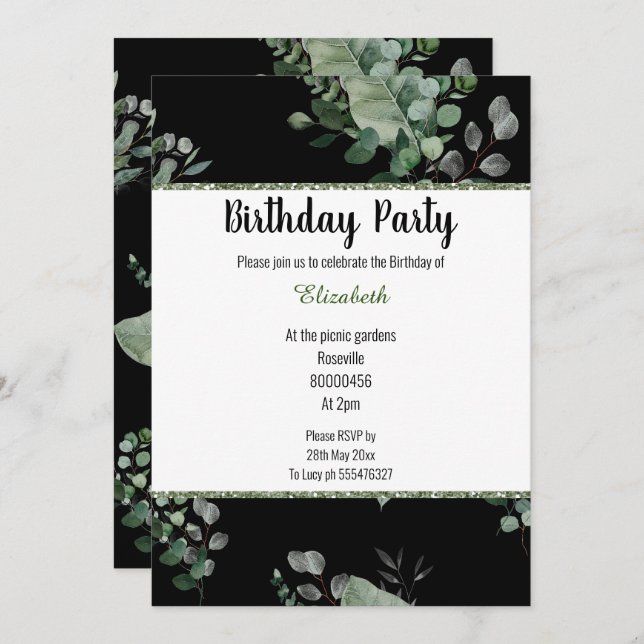 BLACK BOTANICAL SPRING THEME BIRTHDAY INVITATION (Front/Back)
