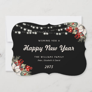 Black Botanical String Lights New Year Card