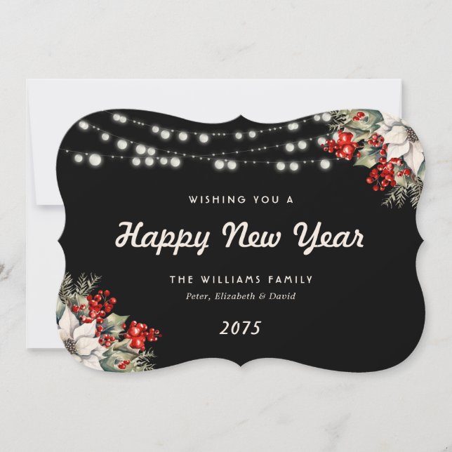 Black Botanical String Lights New Year Card (Front)