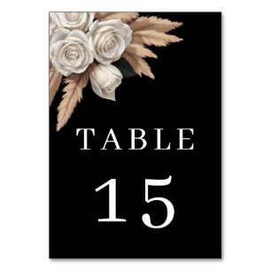 Black Botanical White Rose Pampas Grass Table  Number