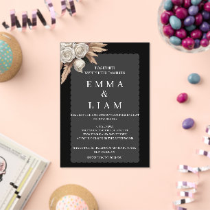 Black Botanical White Rose Scalloped Wedding Acrylic Invitations