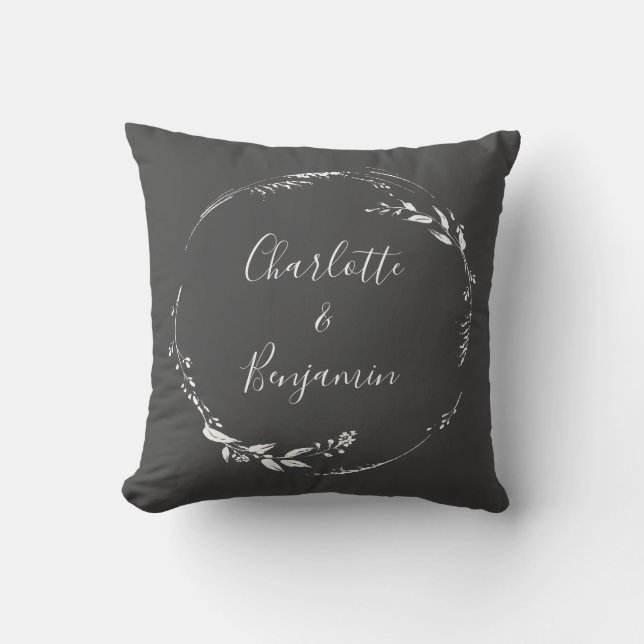 Black Botanical Wreath Calligraphy Personalized  Throw Pillow (Front)