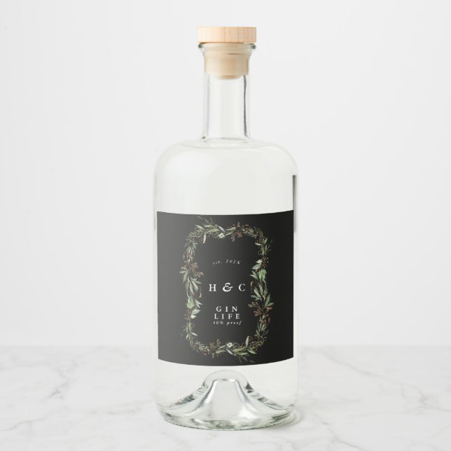 Black Botanicals Gold Modern Eucalyptus Gin Oval Liquor Bottle Label (Front)