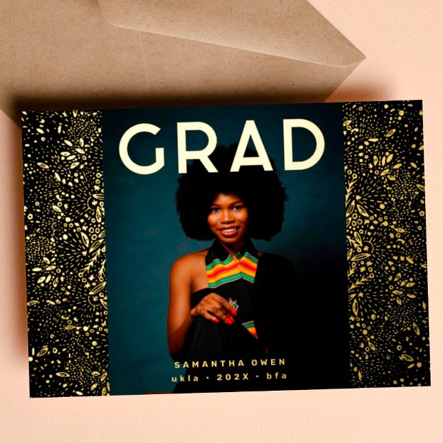 Black Botanics Grad Photo Gold Foil Faire-part (Créateur téléchargé)