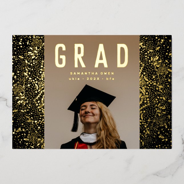 Black Botanics Grad Photo Gold Foil Faire-part (Recto)