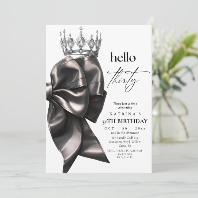  Black Bow 30th Birthday Party Invitation (Standing Front)