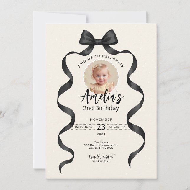 Black Bow Birthday Any Age Photo Invitation (Front)