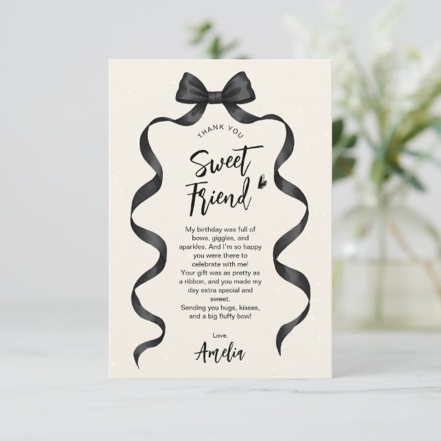 Black Bow Birthday Thank You Card (Standing Front)