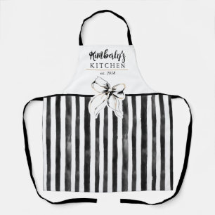 Black Bow Black and White Stripes Whimsical Name Apron