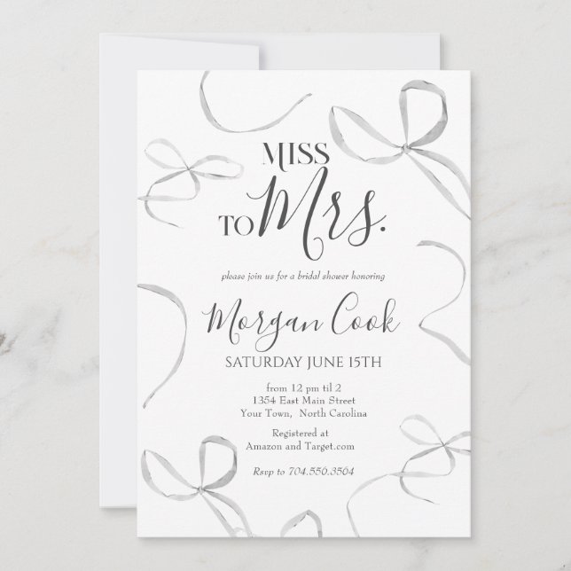 Black bow Bridal Shower Invitation, miss to mrs  Invitation (Front)