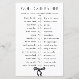 Black Bow Bridal Shower Would She Rather Game