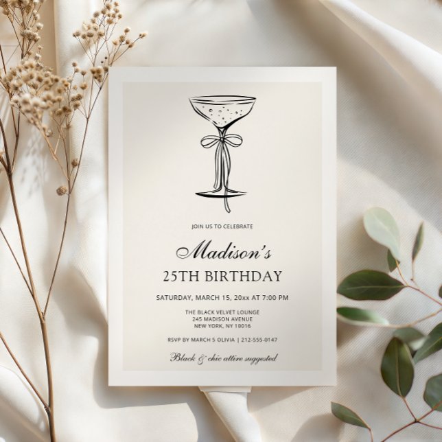 Black Bow Champagne Coupe Birthday Invitation (Creator Uploaded)