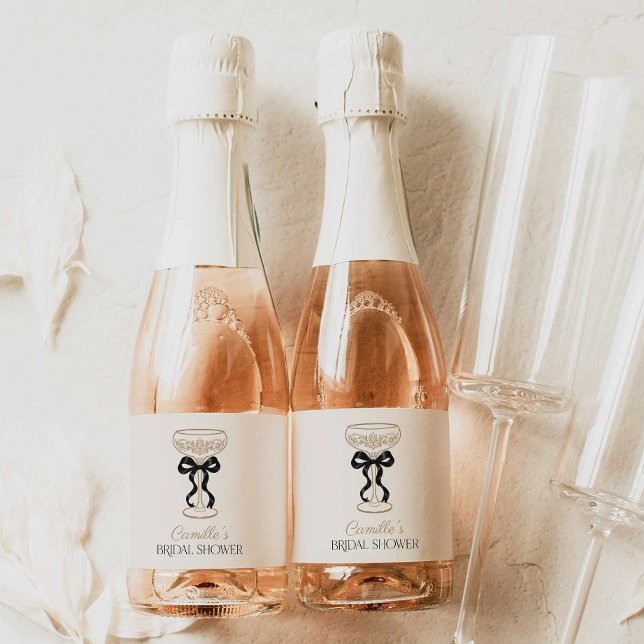 Black Bow Champagne  Sparkling Wine Label (Elegant Black Bows and Bubbly Bridal Shower mini champagne bottle labels)