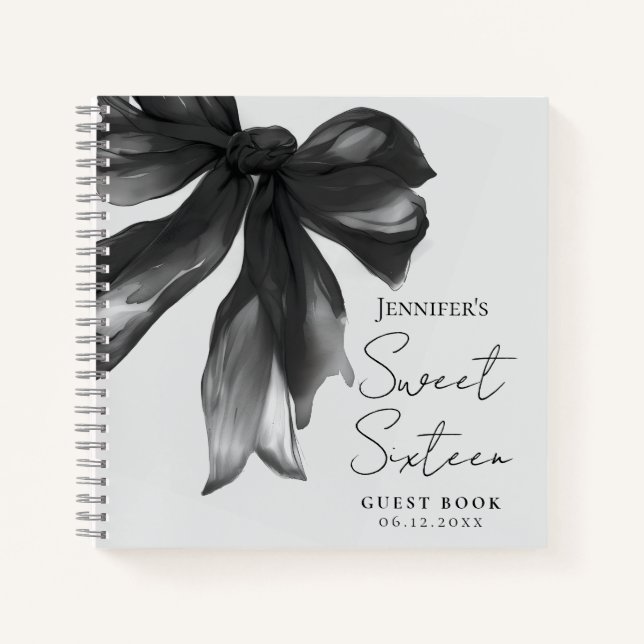 Black Bow Coquette Script Sweet 16 Guest Book Grey (Front)