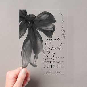 Black Bow Coquette Script Sweet 16 Party Acrylic Invitations