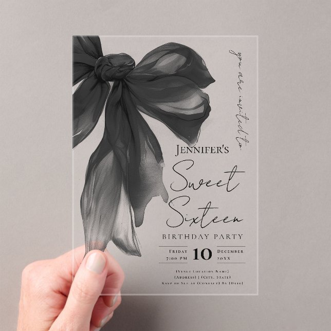 Black Bow Coquette Script Sweet 16 Party Acrylic Invitations (Insitu (Handheld))