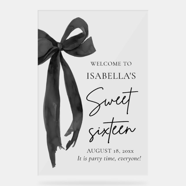 Black Bow Coquette Sweet 16 Birthday Welcome Acrylic Sign (Front)