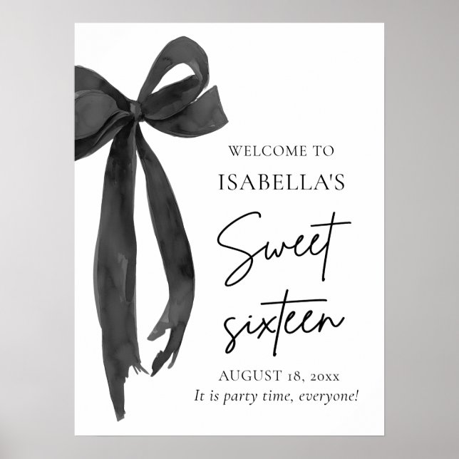 Black Bow Coquette Sweet 16 Birthday Welcome Poster (Front)