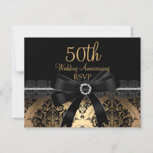 Black Bow & Damask Gold 50e anniversaire RSVP