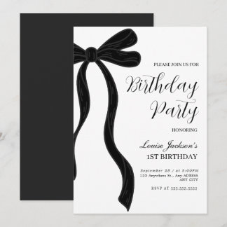 Black Bow First Birthday Party Invitation