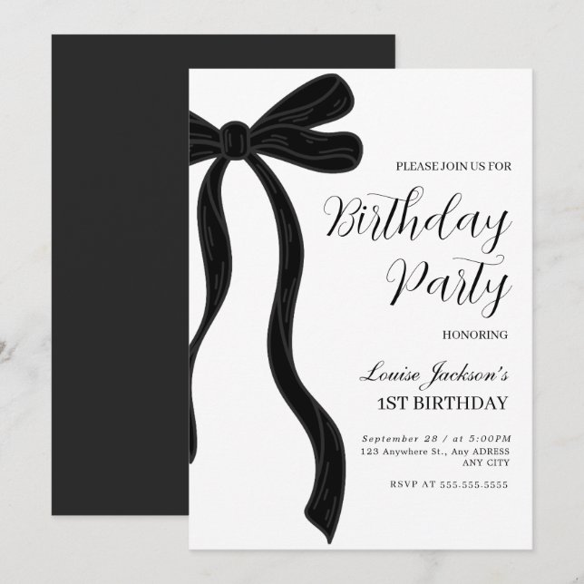 Black Bow First Birthday Party Invitation (Front/Back)