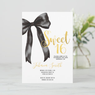 Black Bow Gold Sweet Sixteen Girl Birthday Party Invitation