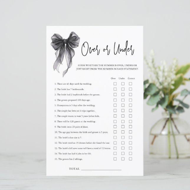 Black Bow Over Or Under Bridal Shower Game (Standing Front)