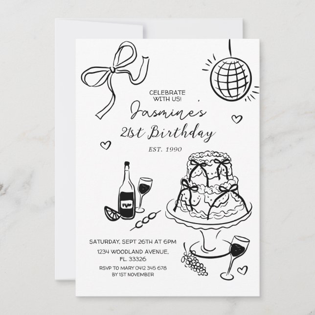 Black Bow Party Girls Night 21st Birthday invite (Front)