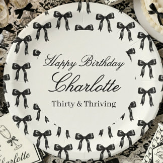 Black Bow Pattern Birthday Black and White Vintage Paper Plate