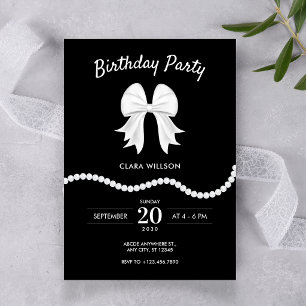 Black bow pearl birthday invitation