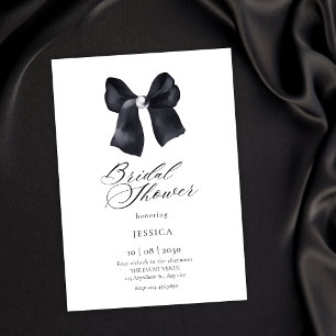 Black bow pearl bridal shower invitation