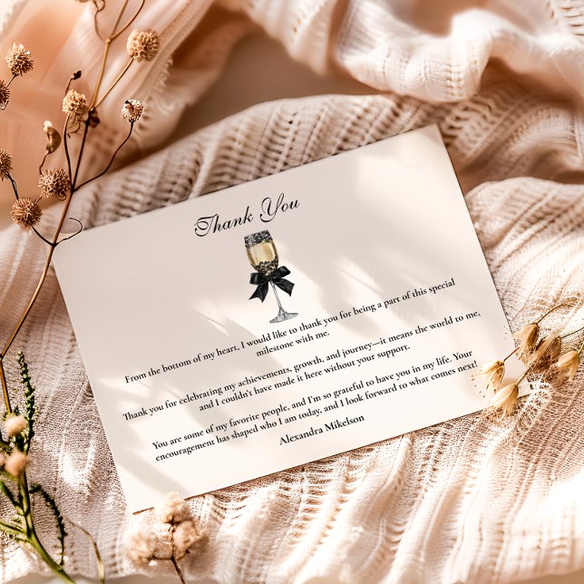 Black Bow Pearl Champagne Graduation Thank You Card (Creator Uploaded)