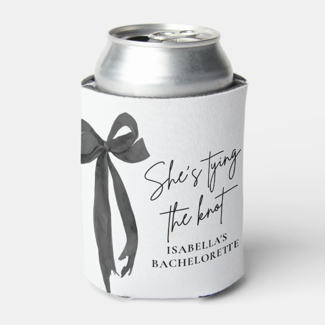 Black Bow She's Tying the Knot Bachelorette Can Cooler (Can Front)
