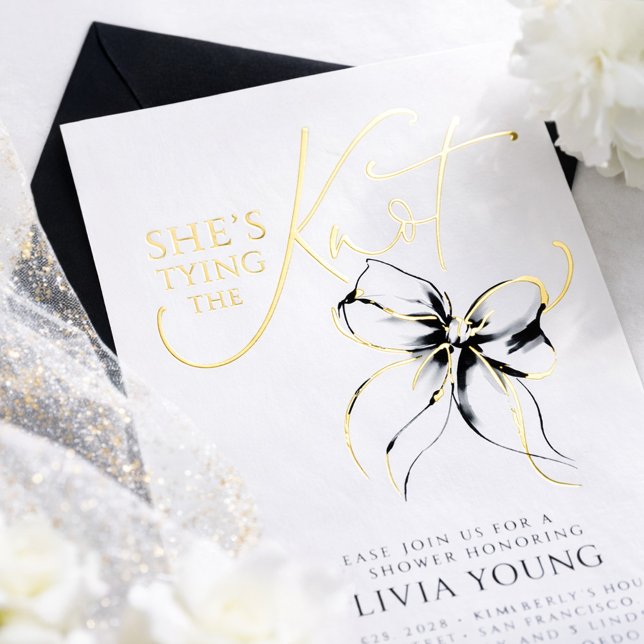 Black Bow She's Tying The Knot Bridal Shower (Black Bow Bridal Shower Gold Foil Invitation)