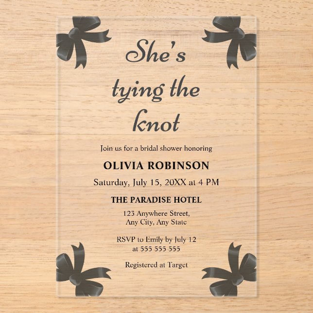 Black Bow She's Tying the Knot Bridal Shower  Acrylic Invitations (Front)