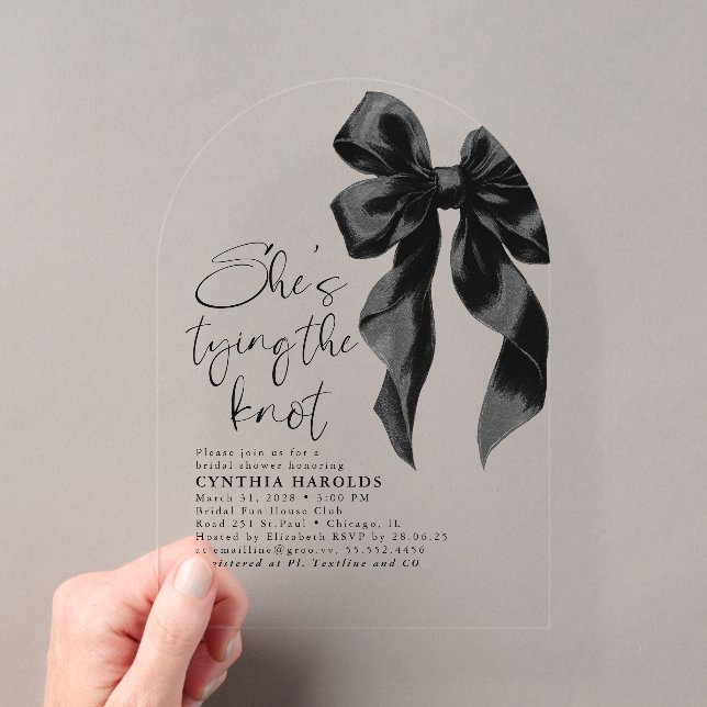 Black Bow She's Tying the Knot Bridal Shower Acrylic Invitations (Insitu (Handheld))