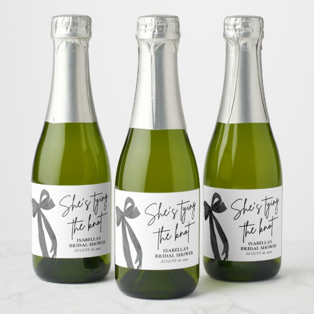 Black Bow She's Tying the Knot Bridal Shower Mini Sparkling Wine Label (Bottles)