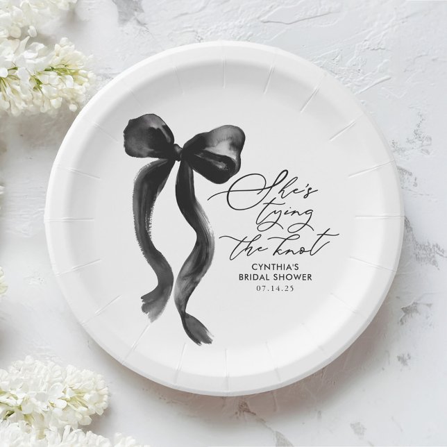 Black Bow She's Tying the Knot Bridal Shower Paper Plate (She's tying the Knot Black Bow Bridal Shower Plates)