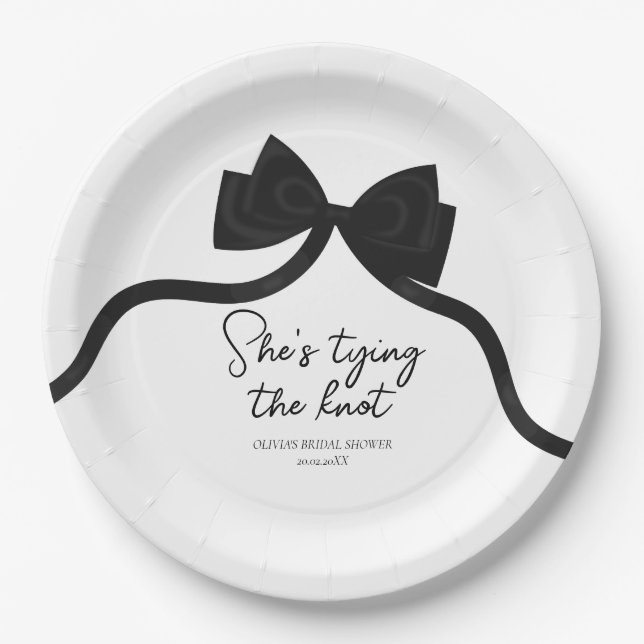 Black bow she's tying the knot bridal shower paper plate (Front)