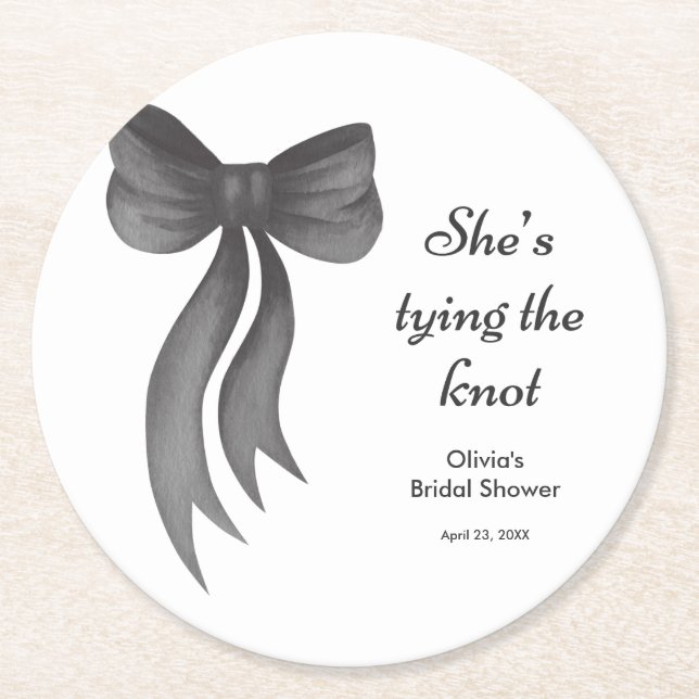 Black Bow She's Tying the Knot Bridal Shower  Round Paper Coaster (Front)